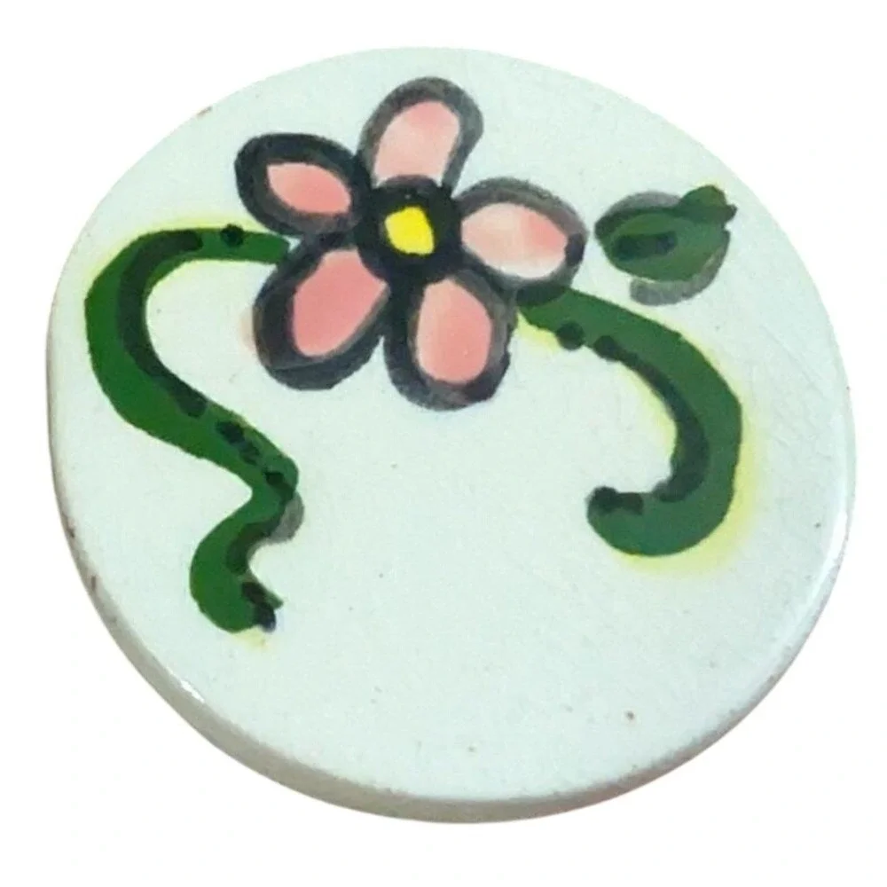 Handmade Floral Round Pin Brooch Womens OS White Pink Green Hand Painted Ceramic